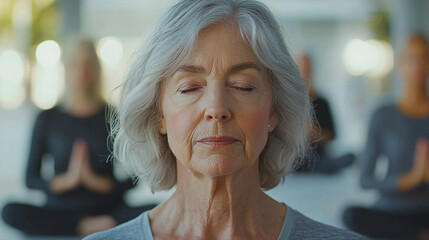 Elderly Woman Practicing Meditation in Group, Embracing Mindfulness and Inner Peace