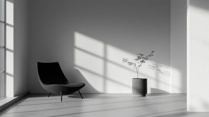 A minimalist living room with a black armchair, a plant, and a large window. The sun casts long shadows on the white walls.