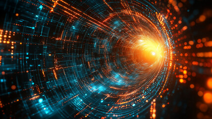 Obraz premium Futuristic vortex of glowing geometric shapes creates mesmerizing visual experience, blending vibrant orange and blue hues in dynamic digital landscape