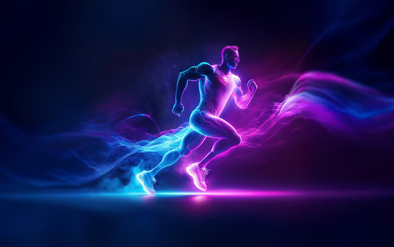 A glowing figure of a runner with ethereal streaks of blue and purple light behind him.