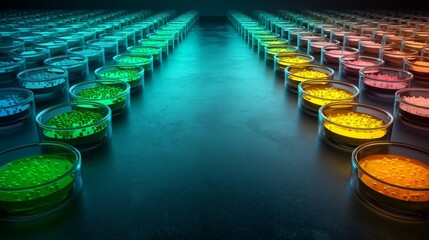 Obraz premium Colorful Petri Dishes with Various Cell Cultures