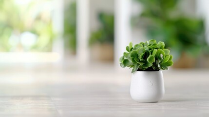 Fototapeta premium A small green succulent plant in a white ceramic pot, placed elegantly on a light wooden surface, surrounded by a blurred, lush background.