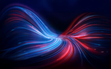 Abstract digital art with swirling red and blue lines against a dark background.
