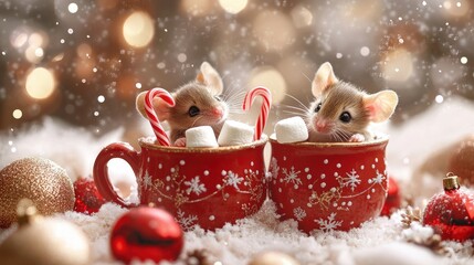 A delicate Shabby Chic graphic of mice carrying marshmallows and candy canes, making a festive hot chocolate scene, surrounded by soft Christmas decorations and warm colors 
