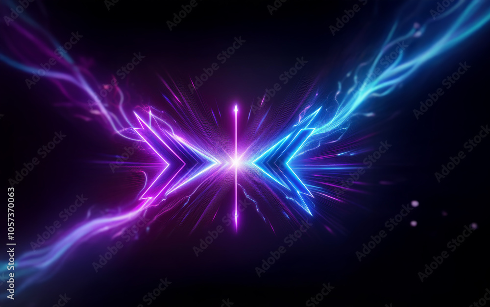Poster a glowing abstract symbol formed from two arrows pointing outwards, with a central point of light. t