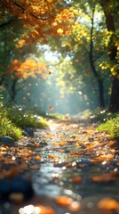A serene path through a vibrant autumn forest, illuminated by soft sunlight and falling leaves.