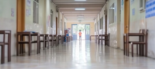 Empty school hallway with rows of desks and chairs, leading to open doorway and blurred figure.