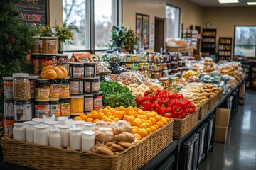 A vibrant grocery store display filled with fresh produce and various packaged goods.