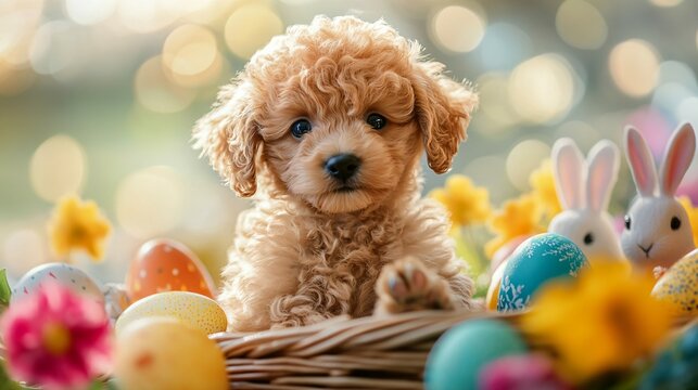 Cute, fluffy poodle puppy sitting in an Easter basket, surrounded by colorful eggs and a bunny, with flowers in the background and a bokeh effect. Professional photography with sharp focus on the enti