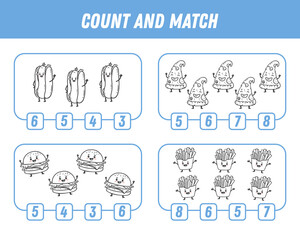 Education game for children count and match of cute Cartoon character. Activity page with fast food characters. Cartoon hamburger, slice of pizza, french fries. Vector