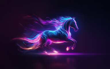 A glowing horse in a fiery pose leaps across a dark background.
