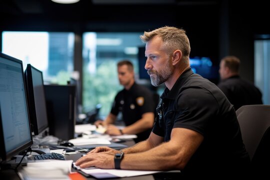 A determined police officer concentrating on his computer in a modern office, showcasing diligence in law enforcement tasks with colleagues in the background.