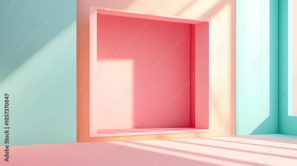 Poster a minimalist interior with a pastel color scheme and a recessed shelf.