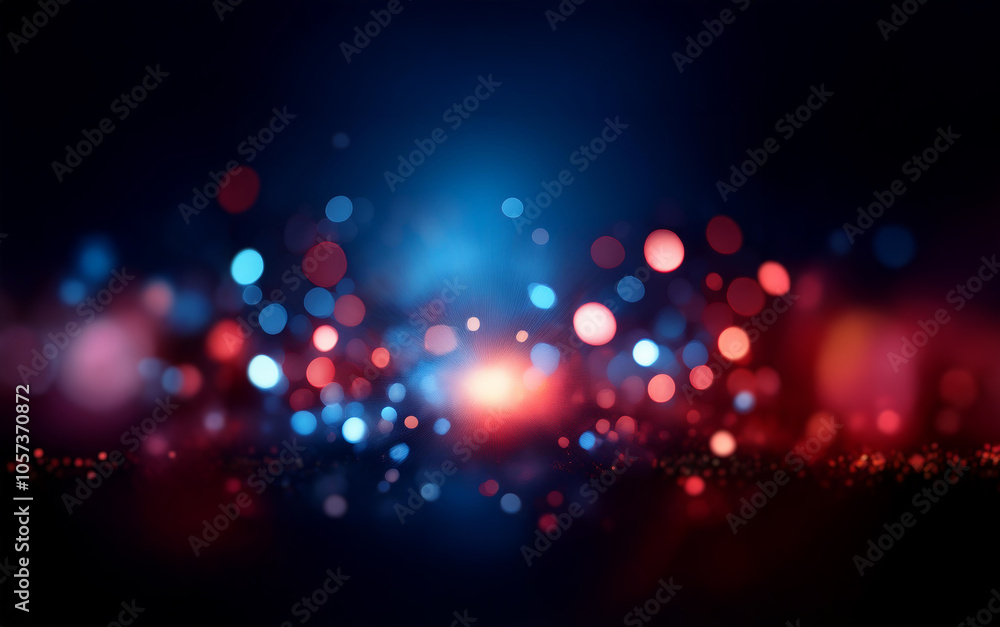 Poster a dark background with red and blue bokeh lights, blurred to create a soft and dreamy look.