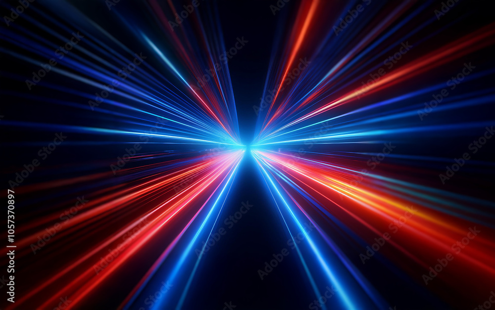 Poster abstract image of red and blue light streaks radiating outwards from the center on a black backgroun