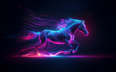 A glowing horse runs across a dark background, its mane and tail flowing like ribbons of light.