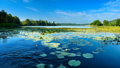Beautiful scenic view of a serene lake covered with lily pads, surrounded by lush greenery and under a bright blue sky. Perfect for nature and landscape concepts.