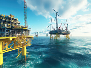 Offshore platforms combining oil and wind energy against a bright blue ocean backdrop.