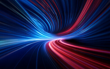 Abstract digital art with swirling lines of red and blue light.