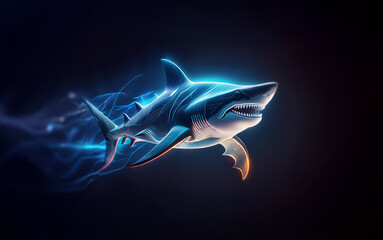 A great white shark is swimming through a dark blue water, emitting a faint glow.