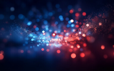Abstract background with red and blue bokeh lights against a dark background.