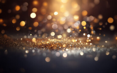 A dark background with sparkling gold glitter and out of focus light.