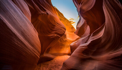 The stunning light and shadows of Antelope Canyon at sunrise, showcasing smooth sandstone formations and vibrant colors that create a magical, serene atmosphere. Perfect for nature and travel