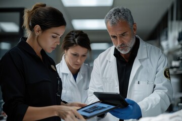 Fototapeta premium Three scientists in lab coats closely review information on a tablet, surrounded by laboratory equipment, working collaboratively to conduct critical research.