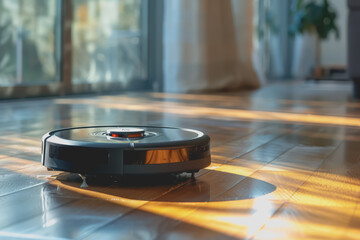 Obraz premium Happy robotic vacuum cleaner navigating a room, with a content smile as it cleans.