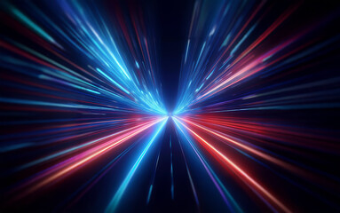 Abstract digital art with glowing lines of blue and red radiating out from the center, creating a sense of speed and energy.