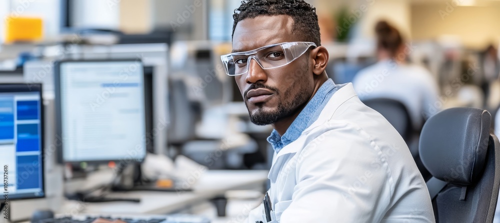 Poster serious scientist in lab focused researcher works on computer in high-tech laboratory setting.