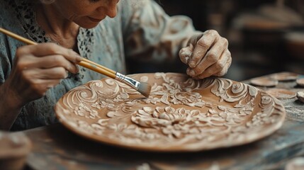 A woman's hands carefully paint a detailed design onto a clay plate, showcasing the process of pottery and artistry.