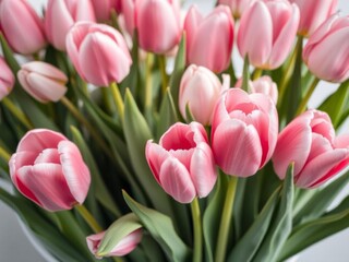 Fototapeta premium Light pink tulip flowers arranged beautifully in a bouquet on a soft pink background, tulips, spring
