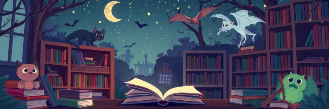 Library room at night with shelves stacked high with books, a magical glow illuminating the space, as whimsical creatures start to materialize from the pages, books, library