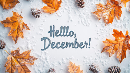 winter and snow leaves on a light background top view with the inscription Hello, December