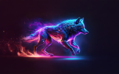A wolf runs across a dark background, glowing with vibrant colors.