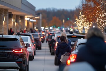 Fototapeta premium A long line of cars forms outside a bustling shopping center during the holiday season, exemplifying modern consumerism and the anticipation of holiday shopping.
