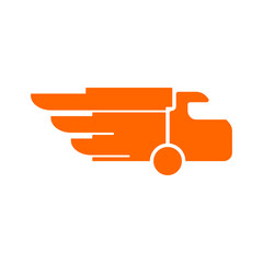 An orange delivery truck icon with speed lines vector logo