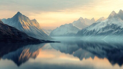 Serene mountain landscape reflecting in calm waters at sunrise.