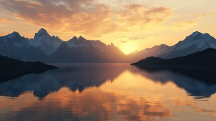 Serene mountain landscape at sunset, reflecting on tranquil water.