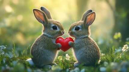 Fototapeta premium Cute rabbit couple holding a vibrant red heart, magical surreal garden background. Birthday anniversary holiday festive season greeting card, fantasy landscape. Creative pet animal modern digital art 
