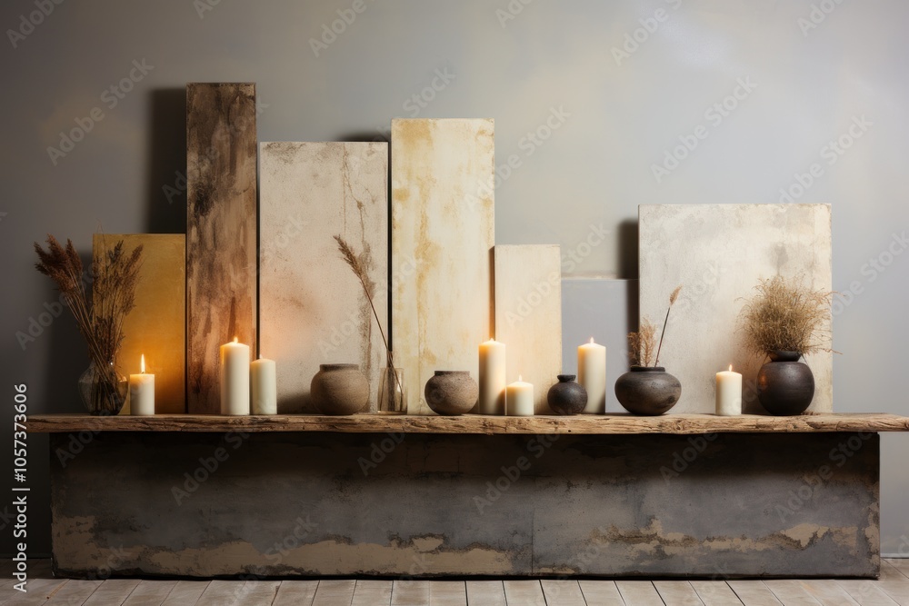 Poster a serene display of candles and vases on a rustic table against a textured backdrop.