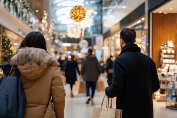 Obraz premium Shoppers stroll through a bustling mall adorned with festive decorations, carrying bags as they enjoy the holiday shopping experience, creating a lively atmosphere.