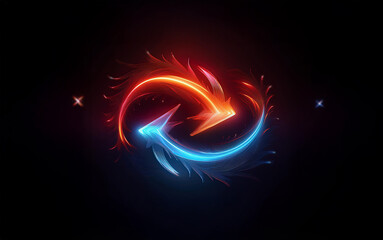 Two glowing arrows, one red and one blue, twist around each other against a dark background.