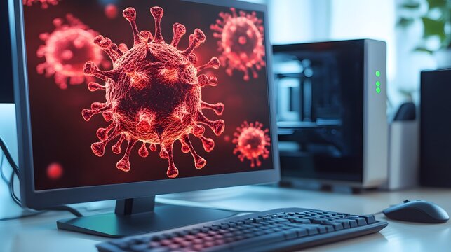 A warning sign about a virus infection on a desktop computer