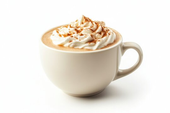 fall beverage aesthetics, pumpkin spice latte with whipped cream in a white cup, isolated on white background
