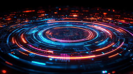 Obraz premium A vibrant display of abstract circular forms with radiating neon lights creates mesmerizing digital landscape. interplay of blue and orange hues evokes sense of energy and innovation
