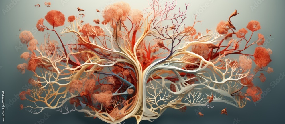 Poster an abstract representation of a tree with intricate branches and colorful foliage.
