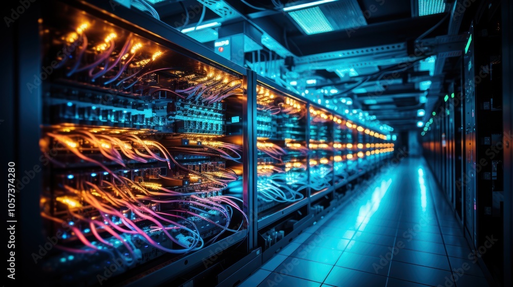 Poster a dimly lit data center with illuminated server racks and colorful cables.