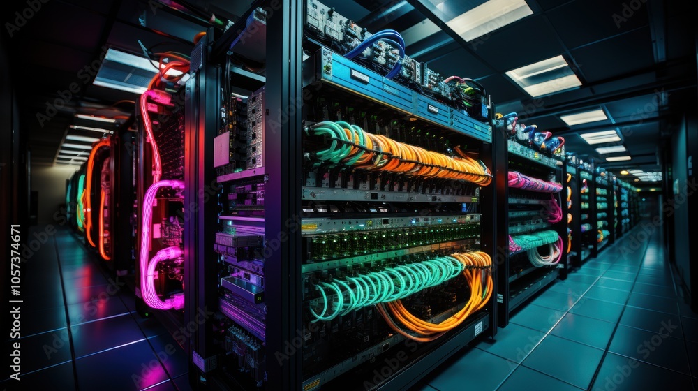 Poster a modern data center filled with server racks and colorful cables for data management.